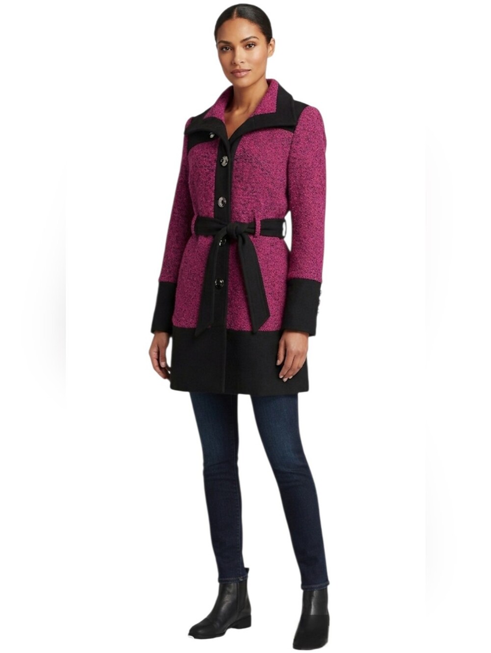 Wilson's Leather Black Rivet Magenta & Black Boucle Fully  Lined A-Line Coat  XL